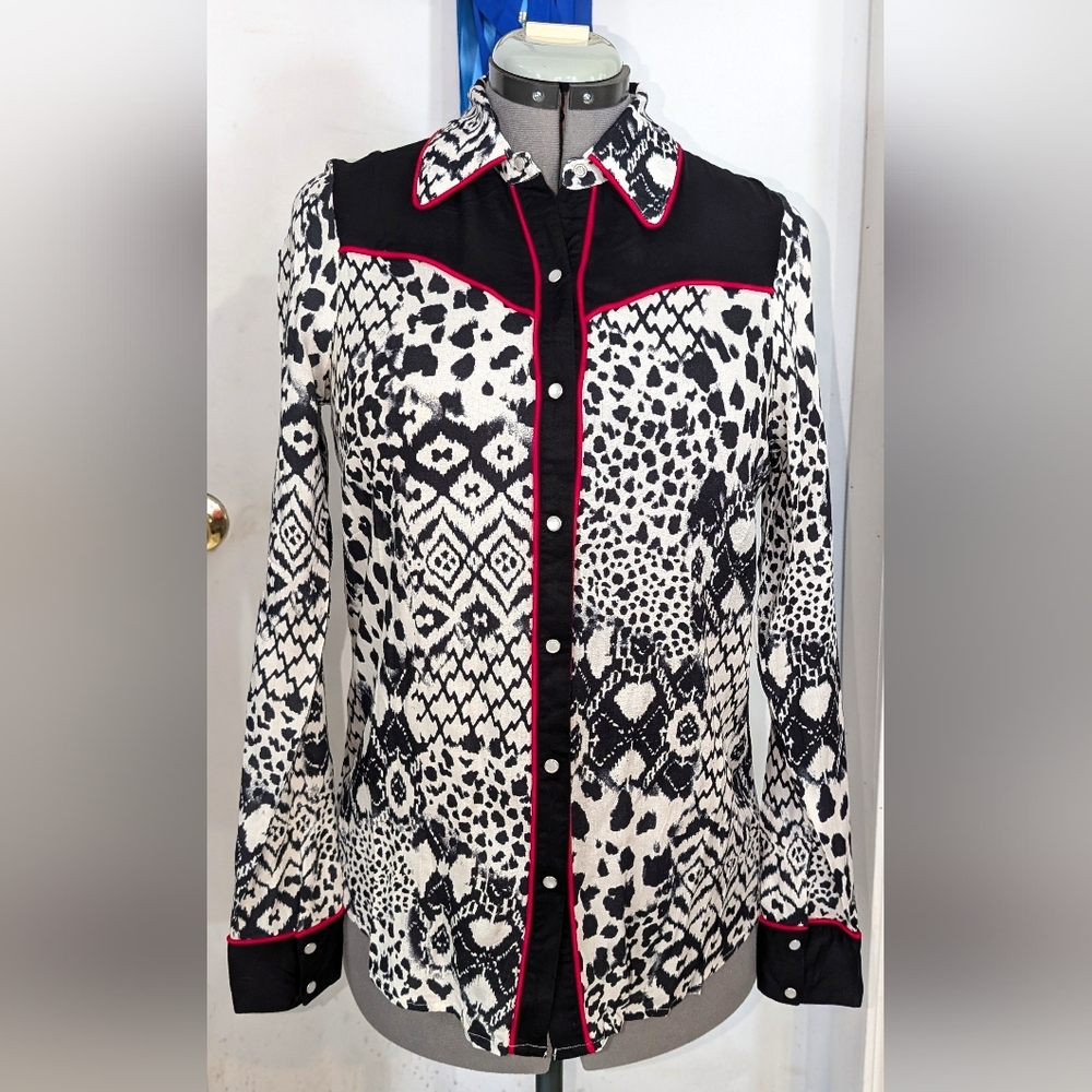Roper Black and White Patterned Blouse with Red Accents